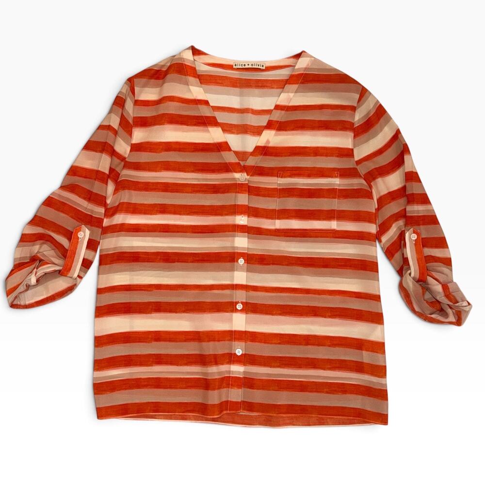 Alice + Olivia Size M 100% Silk Long Sleeve Button Up Blouse Orange Cream Stripe